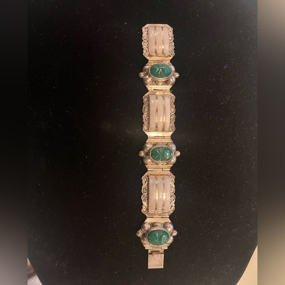 Vintage Aventurine/snow white polished quartz -sterling silver bracelet.